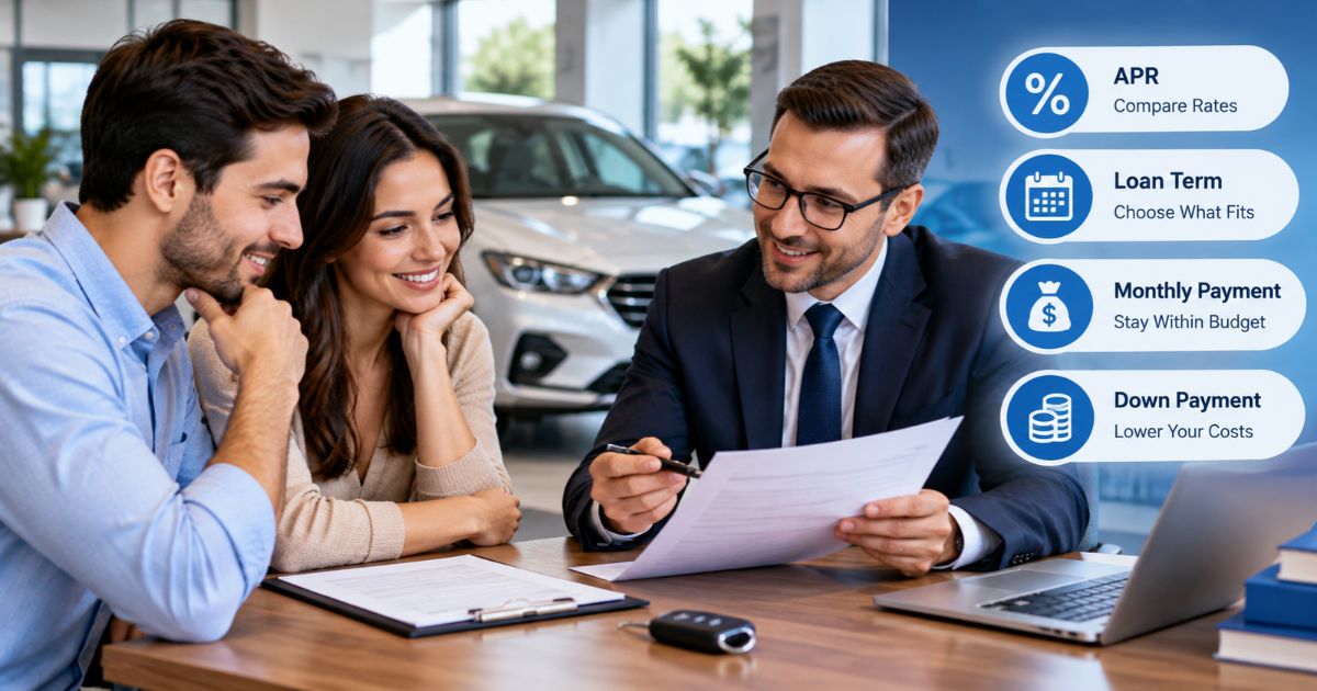 Auto Finance Center guide comparing APR loan terms monthly payments and down payments