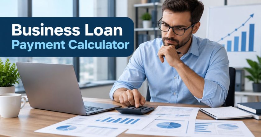 Business loan payment calculator with laptop, calculator, charts, and business owner