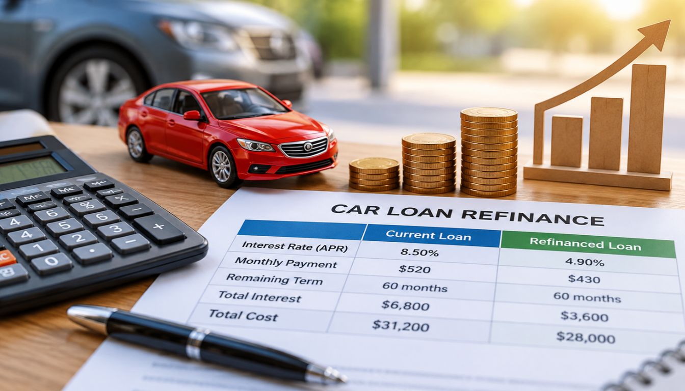 Car loan refinance savings comparison showing APR monthly payment and total cost