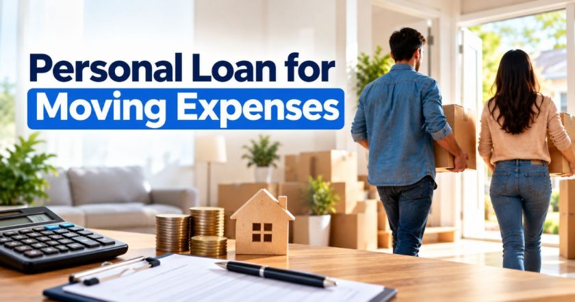 Personal loan for moving expenses with moving boxes, calculator, coins, and new home