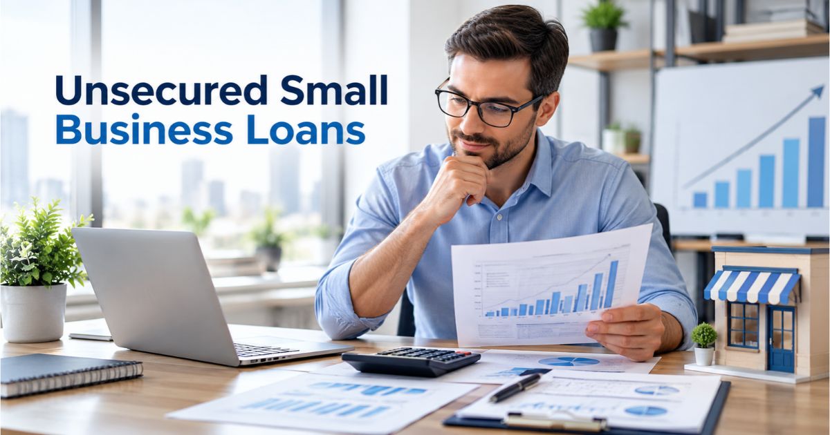 Unsecured Small Business Loans: 7 Powerful Ways to Compare Rates, Requirements & Risks 1 Small business owner reviewing unsecured small business loan financing options with laptop, calculator, financial documents, and growth charts